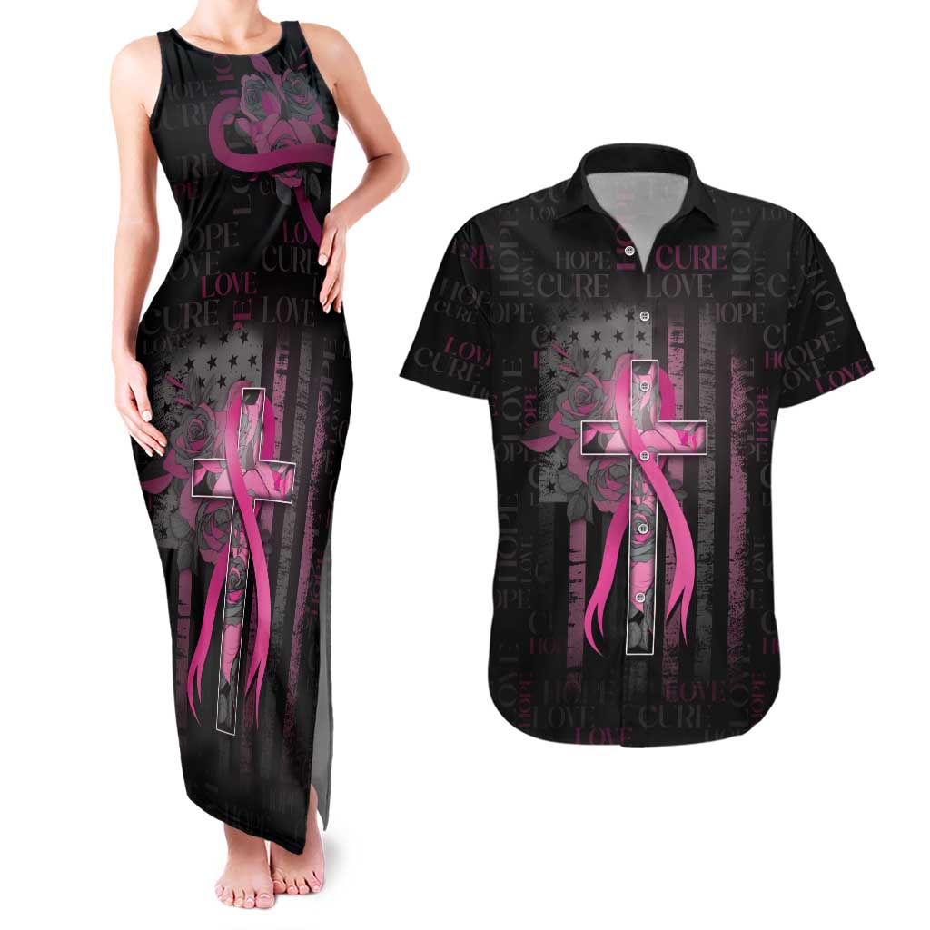 Personalized American Breast Cancer Couples Matching Tank Maxi Dress and Hawaiian Shirt Hope And Cure Cross - Wonder Print Shop