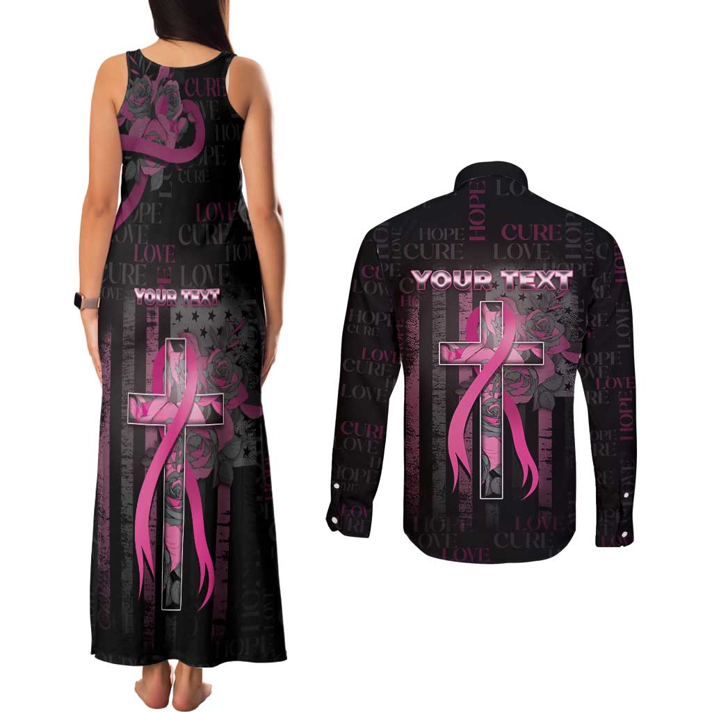 Personalized American Breast Cancer Couples Matching Tank Maxi Dress and Long Sleeve Button Shirt Hope And Cure Cross - Wonder Print Shop