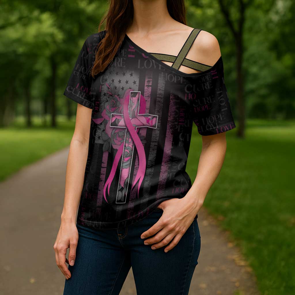 Personalized American Breast Cancer Cross Shoulder Shirt Hope And Cure Cross - Wonder Print Shop