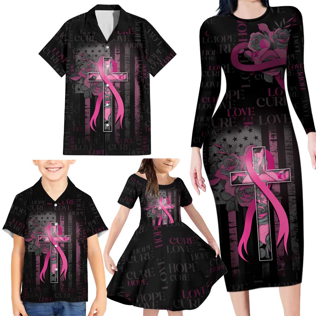Personalized American Breast Cancer Family Matching Long Sleeve Bodycon Dress and Hawaiian Shirt Hope And Cure Cross - Wonder Print Shop