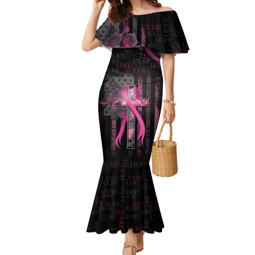 Personalized American Breast Cancer Family Matching Mermaid Dress and Hawaiian Shirt Hope And Cure Cross - Wonder Print Shop