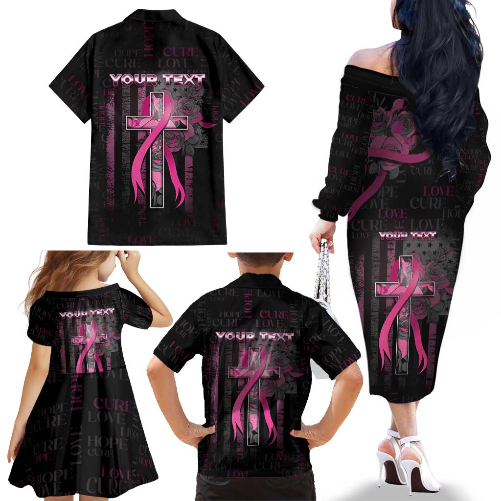 Personalized American Breast Cancer Family Matching Off The Shoulder Long Sleeve Dress and Hawaiian Shirt Hope And Cure Cross - Wonder Print Shop