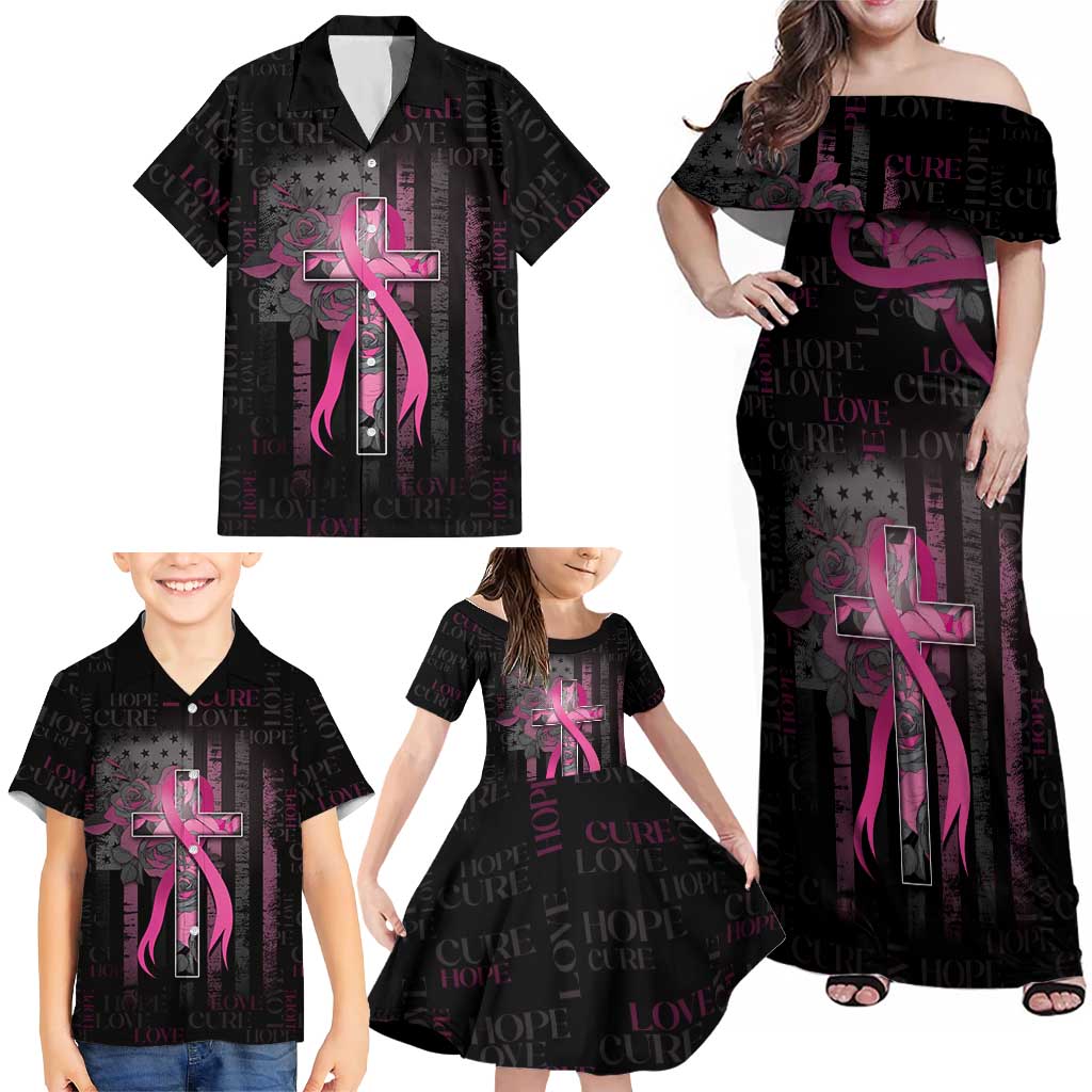 Personalized American Breast Cancer Family Matching Off Shoulder Maxi Dress and Hawaiian Shirt Hope And Cure Cross - Wonder Print Shop