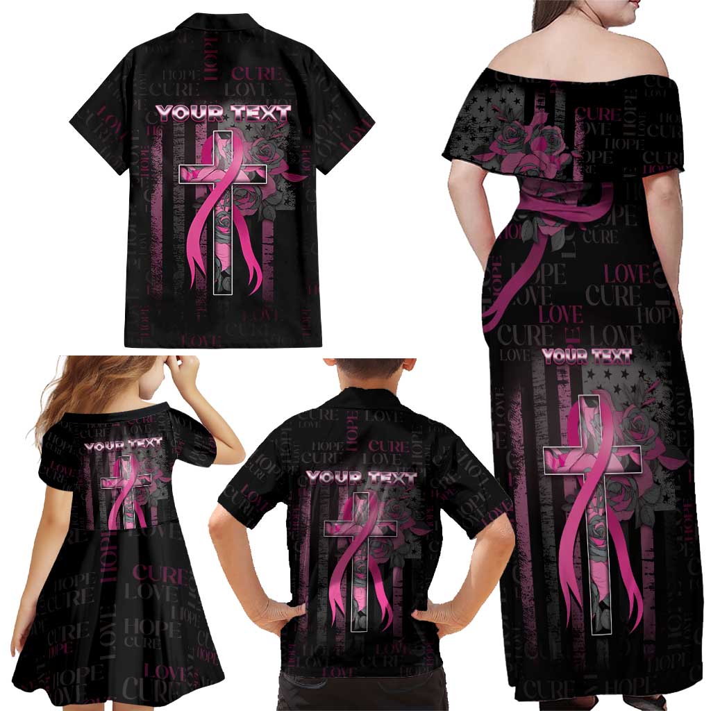 Personalized American Breast Cancer Family Matching Off Shoulder Maxi Dress and Hawaiian Shirt Hope And Cure Cross - Wonder Print Shop