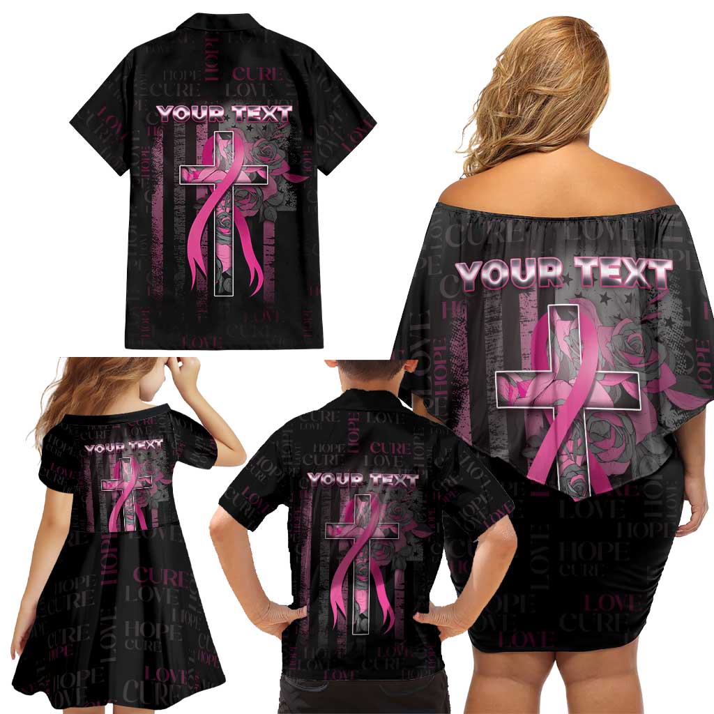Personalized American Breast Cancer Family Matching Off Shoulder Short Dress and Hawaiian Shirt Hope And Cure Cross - Wonder Print Shop
