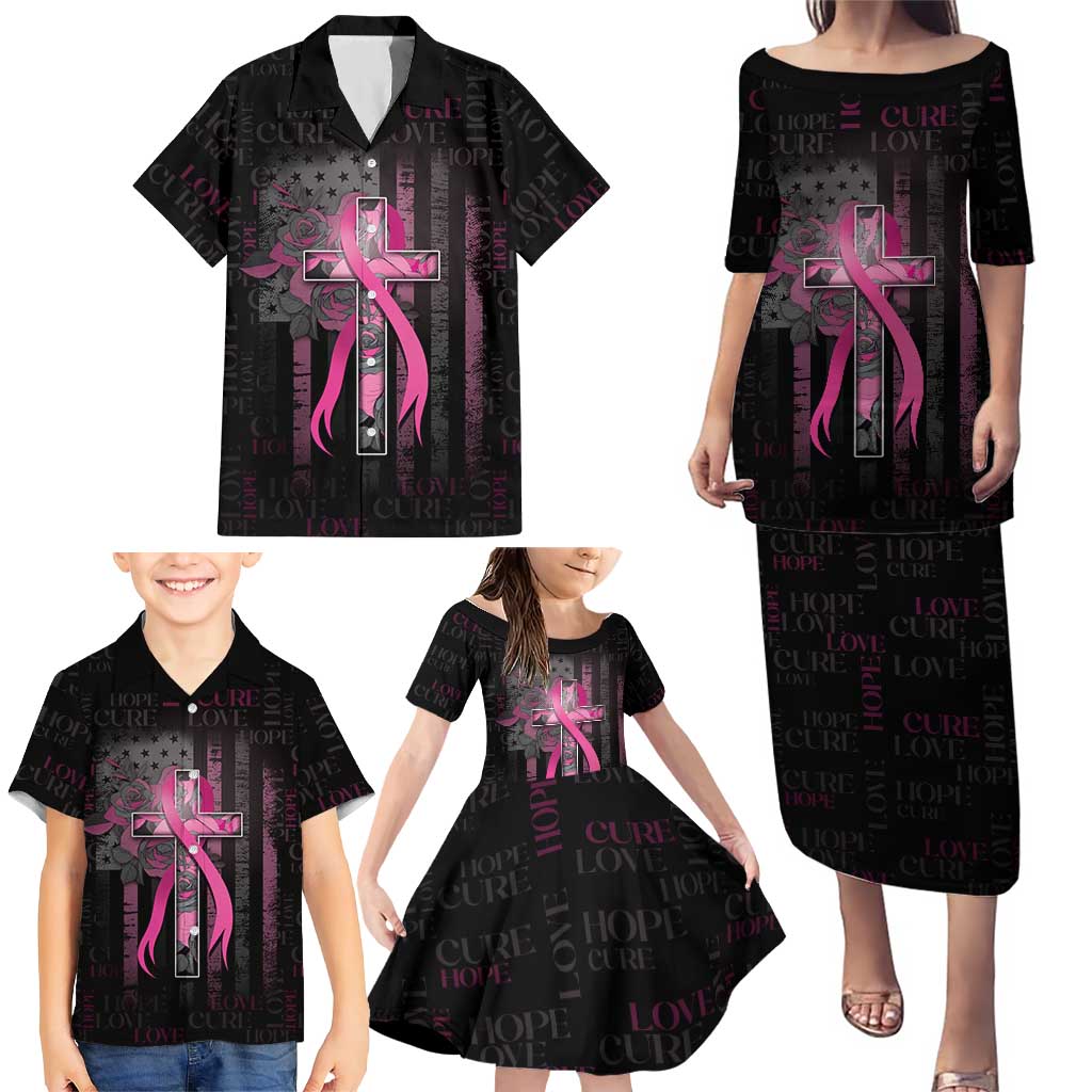 Personalized American Breast Cancer Family Matching Puletasi and Hawaiian Shirt Hope And Cure Cross - Wonder Print Shop