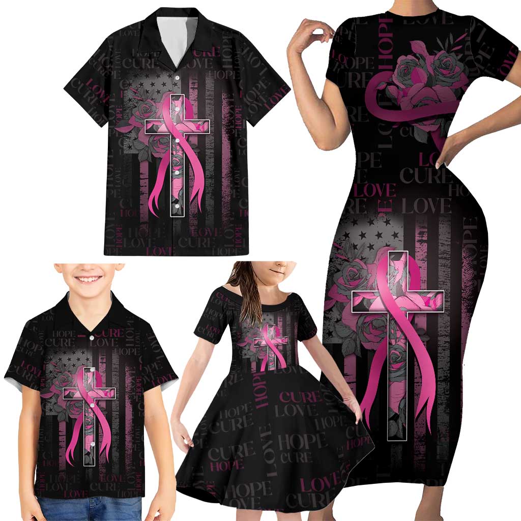 Personalized American Breast Cancer Family Matching Short Sleeve Bodycon Dress and Hawaiian Shirt Hope And Cure Cross - Wonder Print Shop