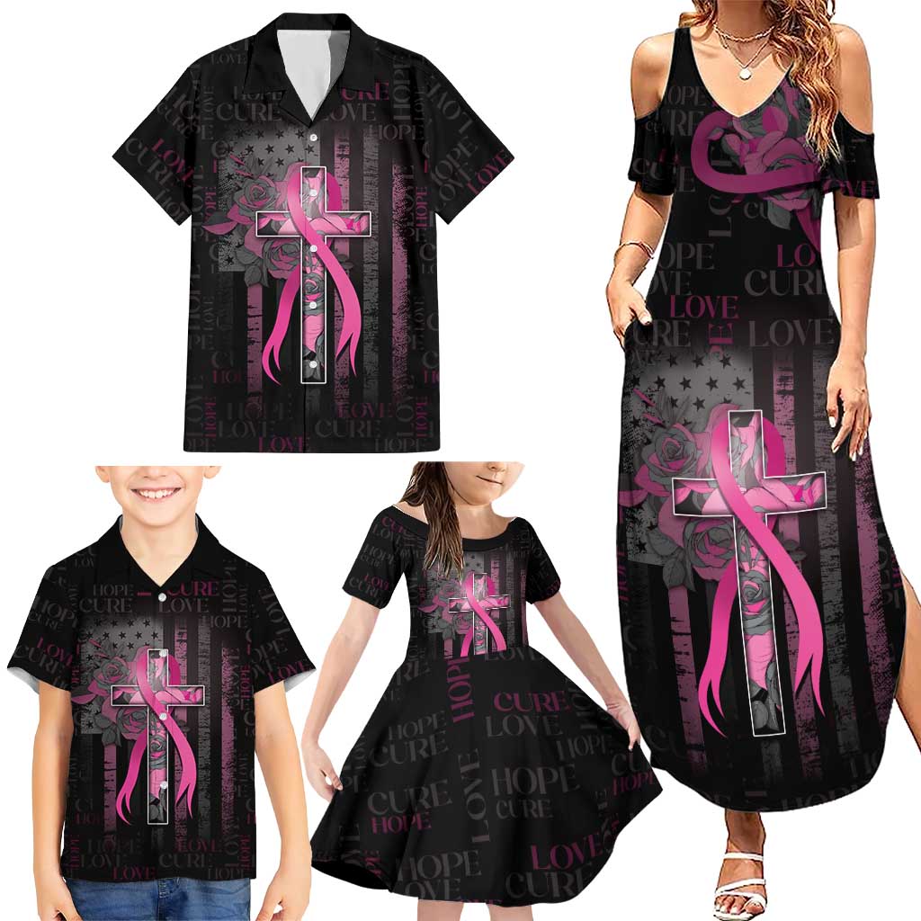 Personalized American Breast Cancer Family Matching Summer Maxi Dress and Hawaiian Shirt Hope And Cure Cross - Wonder Print Shop