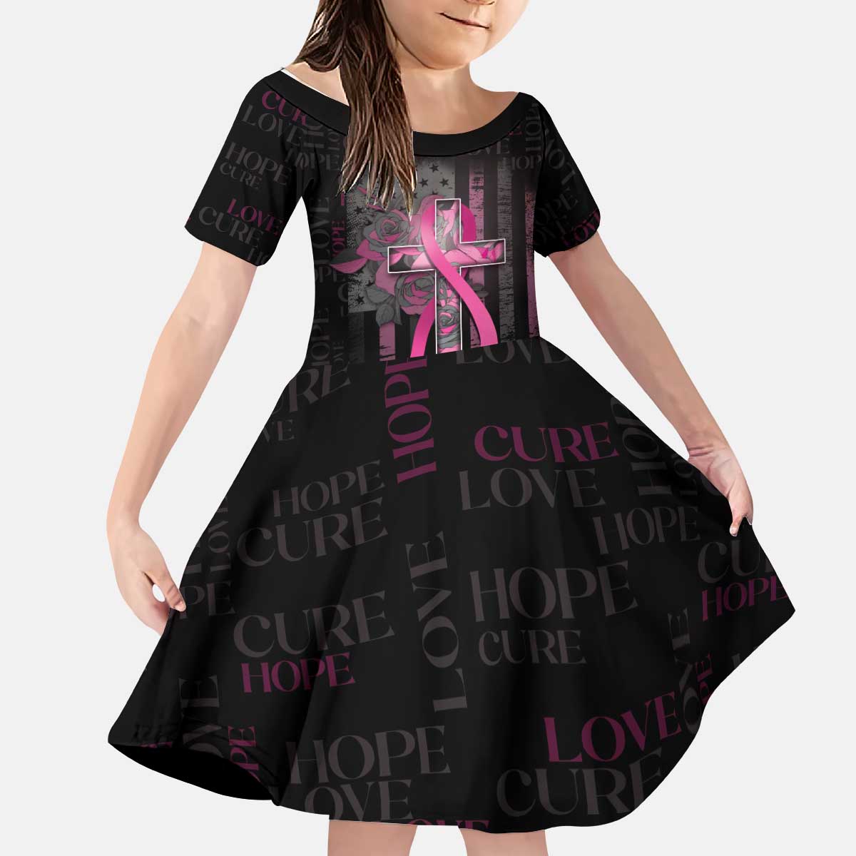 Personalized American Breast Cancer Kid Short Sleeve Dress Hope And Cure Cross - Wonder Print Shop