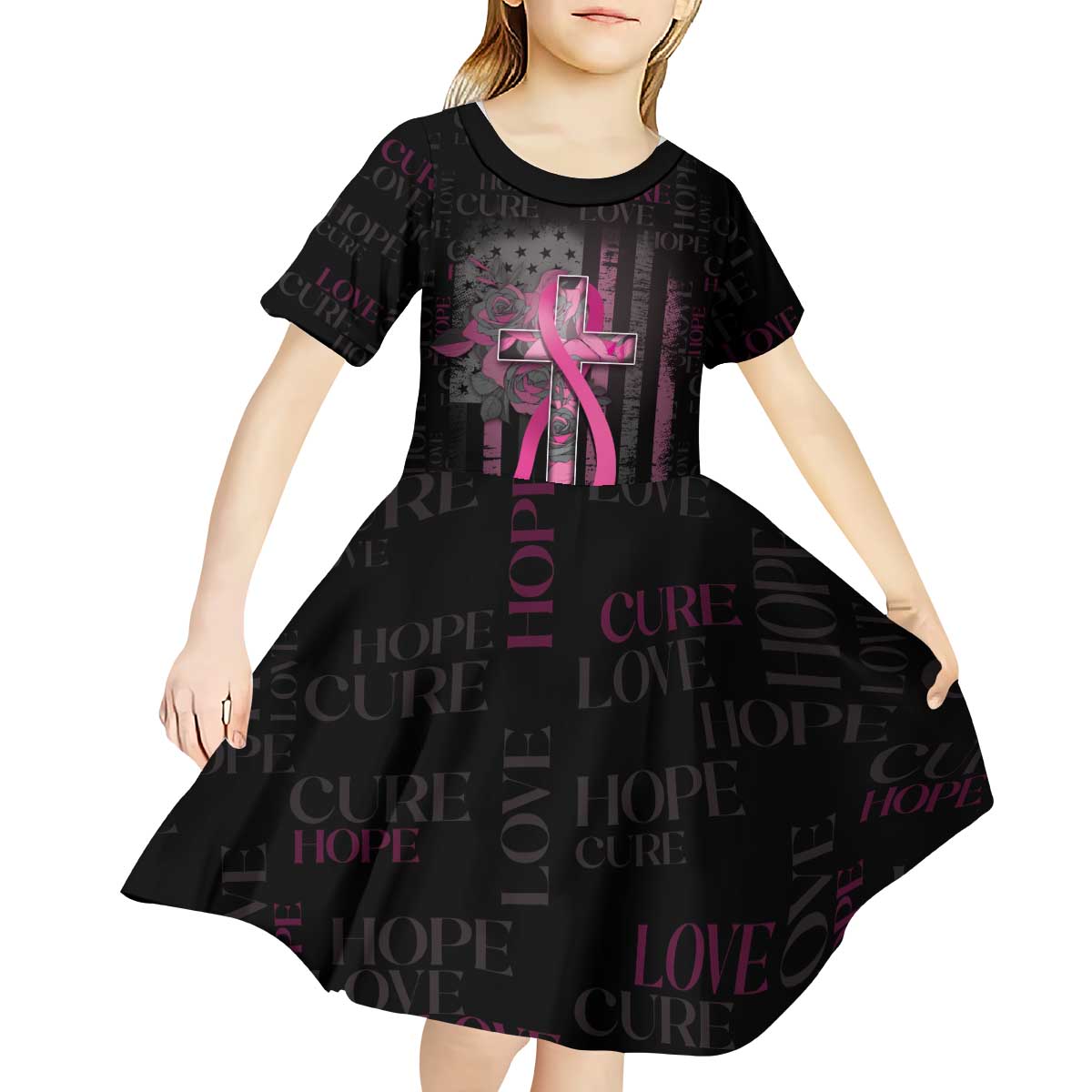 Personalized American Breast Cancer Kid Short Sleeve Dress Hope And Cure Cross - Wonder Print Shop