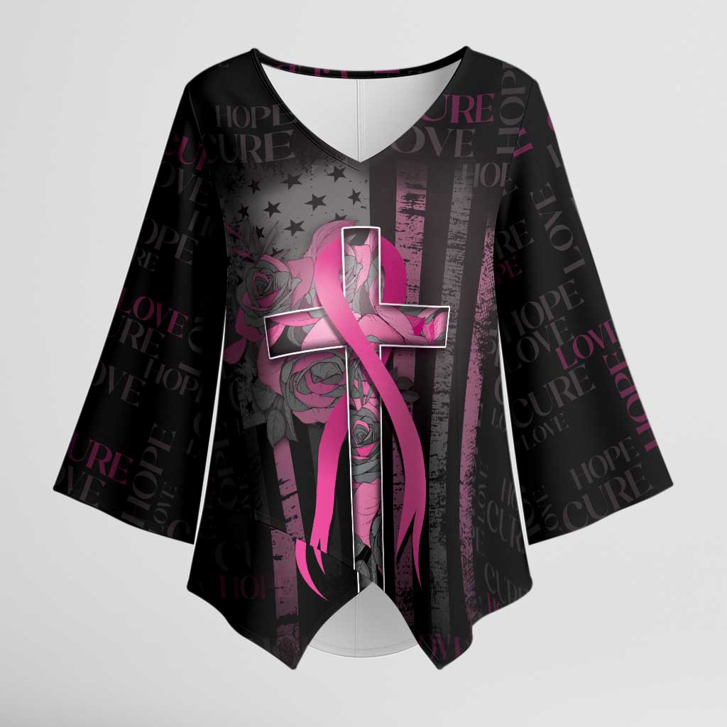 Personalized American Breast Cancer Kimono Sleeve Blouse Hope And Cure Cross - Wonder Print Shop