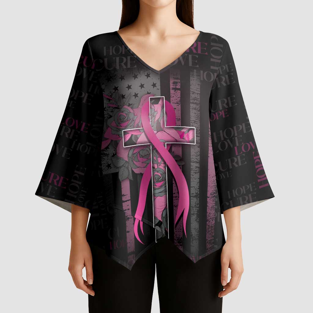 Personalized American Breast Cancer Kimono Sleeve Blouse Hope And Cure Cross - Wonder Print Shop