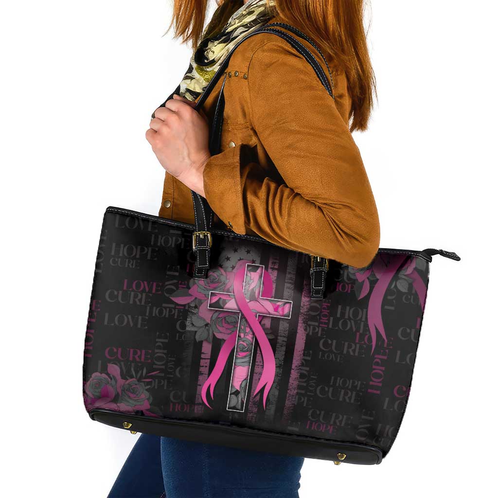 American Breast Cancer Leather Tote Bag Hope And Cure Cross - Wonder Print Shop