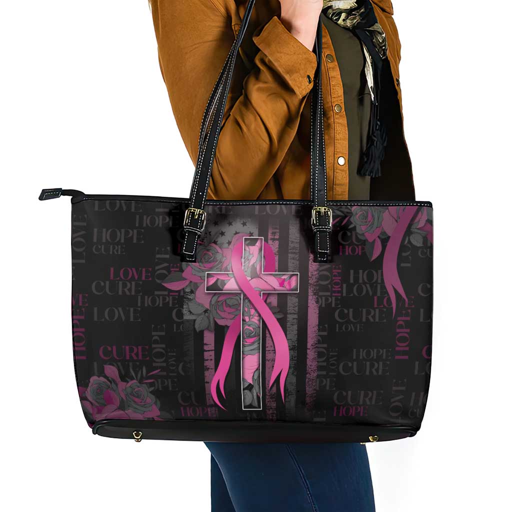 American Breast Cancer Leather Tote Bag Hope And Cure Cross - Wonder Print Shop