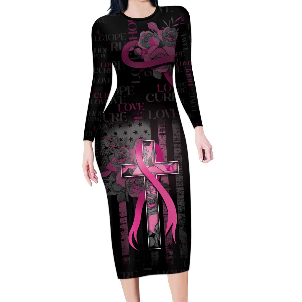Personalized American Breast Cancer Long Sleeve Bodycon Dress Hope And Cure Cross - Wonder Print Shop