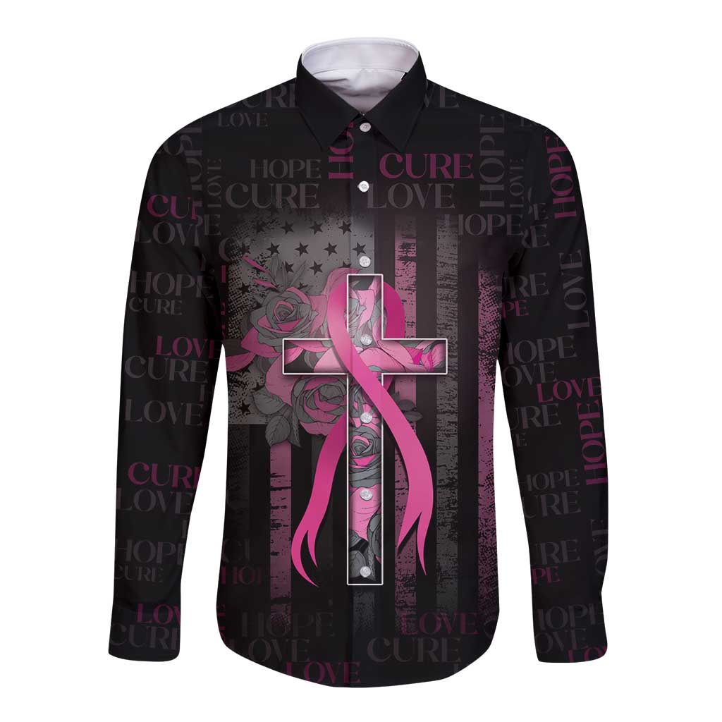 Personalized American Breast Cancer Long Sleeve Button Shirt Hope And Cure Cross - Wonder Print Shop