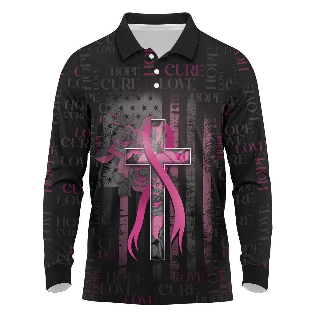 Personalized American Breast Cancer Long Sleeve Polo Shirt Hope And Cure Cross - Wonder Print Shop