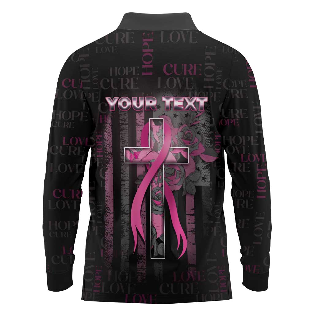 Personalized American Breast Cancer Long Sleeve Polo Shirt Hope And Cure Cross - Wonder Print Shop