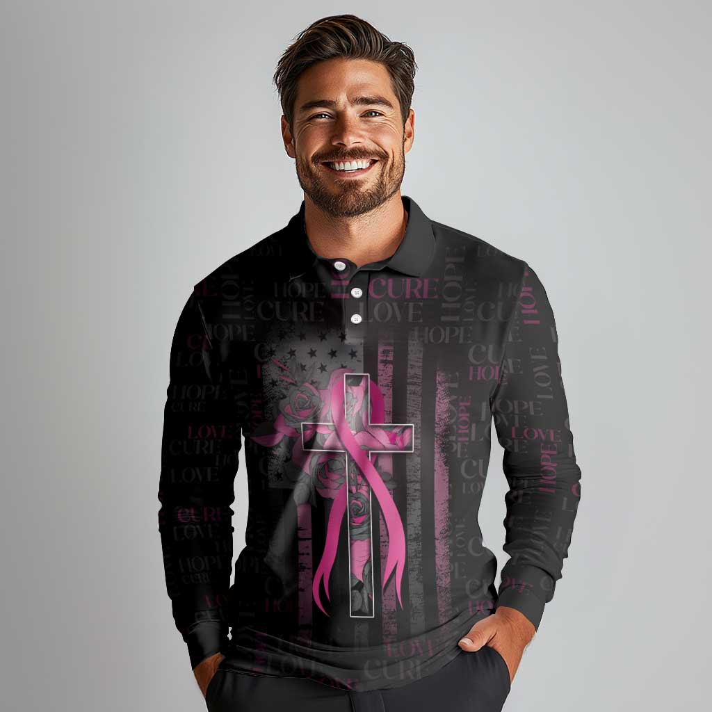 Personalized American Breast Cancer Long Sleeve Polo Shirt Hope And Cure Cross - Wonder Print Shop