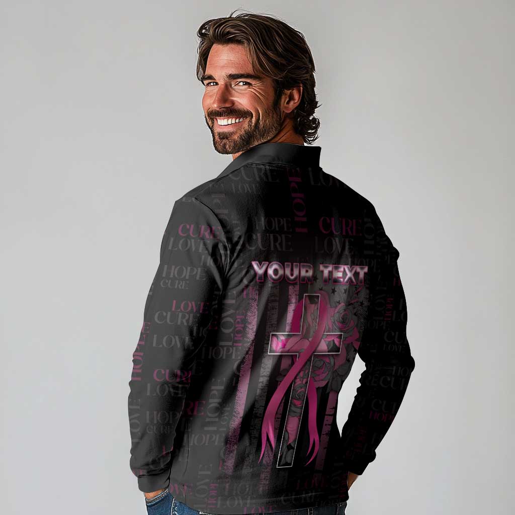 Personalized American Breast Cancer Long Sleeve Polo Shirt Hope And Cure Cross - Wonder Print Shop