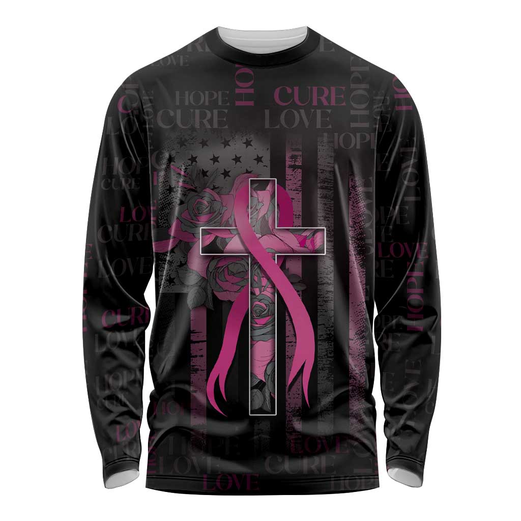 Personalized American Breast Cancer Long Sleeve Shirt Hope And Cure Cross - Wonder Print Shop