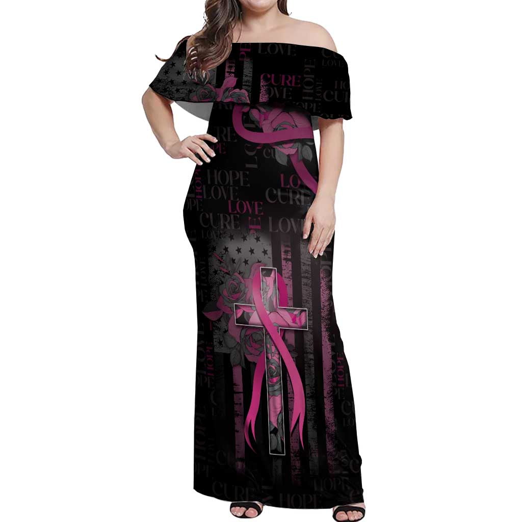 Personalized American Breast Cancer Off Shoulder Maxi Dress Hope And Cure Cross - Wonder Print Shop