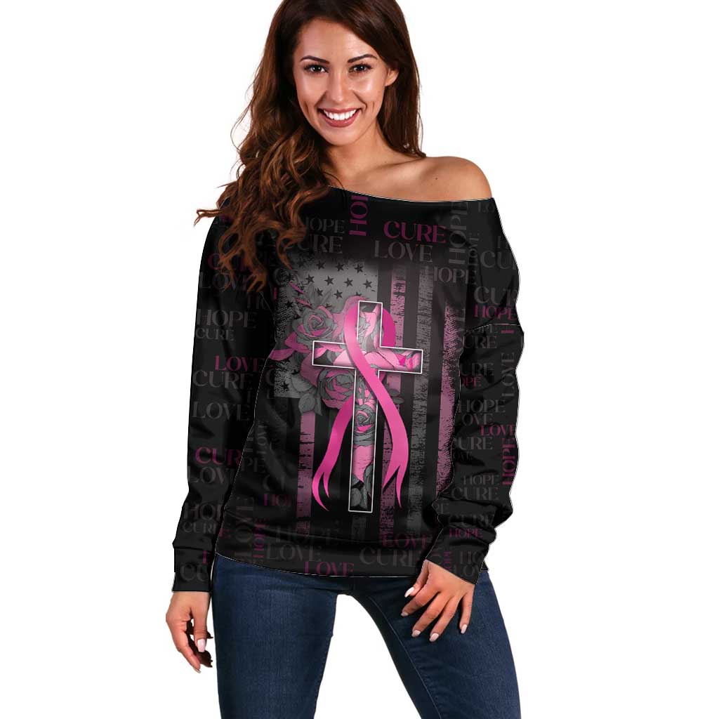 Personalized American Breast Cancer Off Shoulder Sweater Hope And Cure Cross - Wonder Print Shop