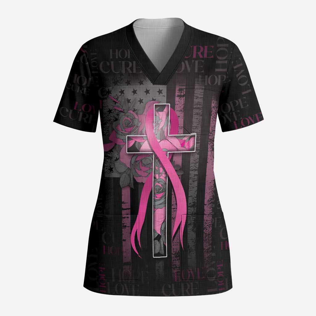 Personalized American Breast Cancer Scrub Top Hope And Cure Cross - Wonder Print Shop