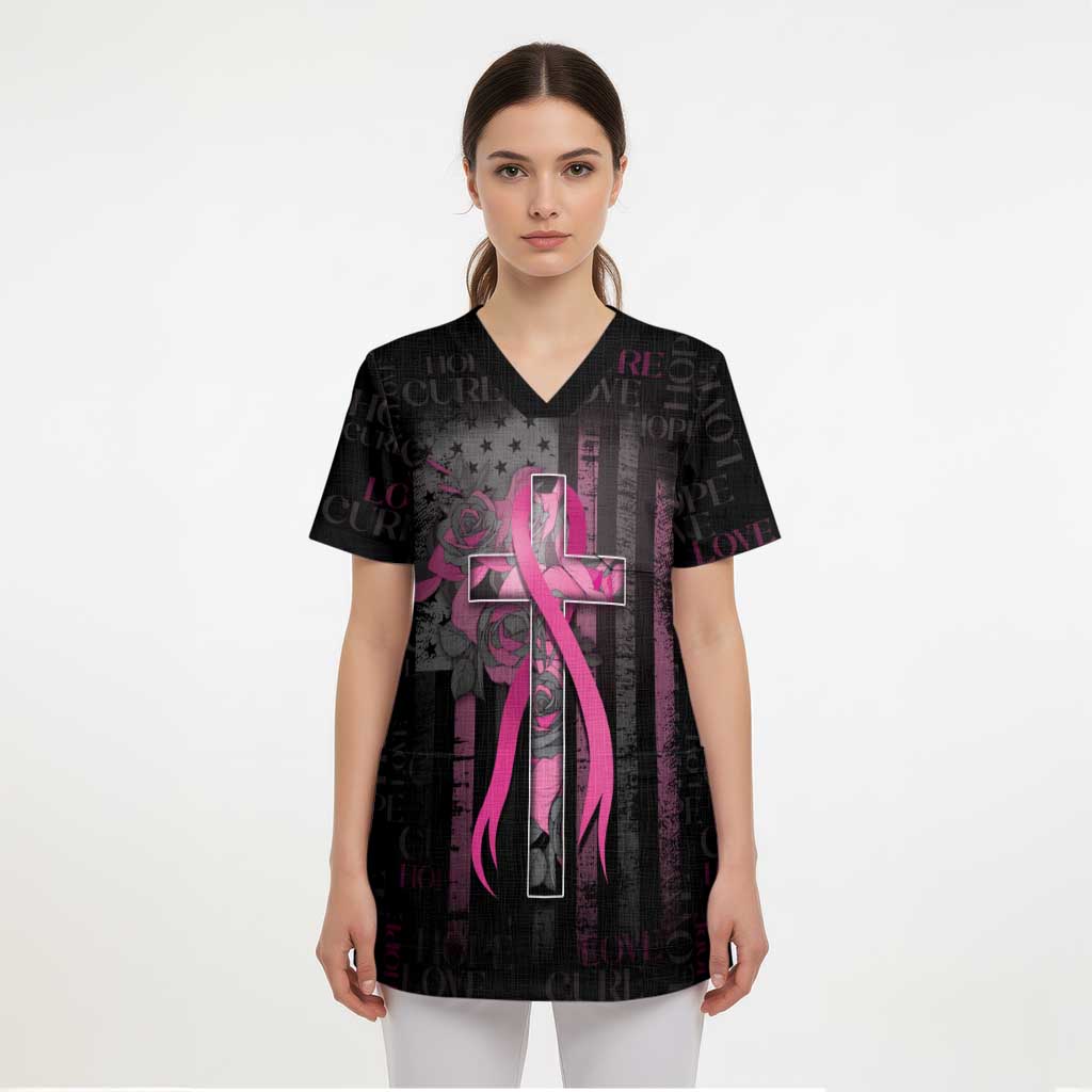 Personalized American Breast Cancer Scrub Top Hope And Cure Cross - Wonder Print Shop