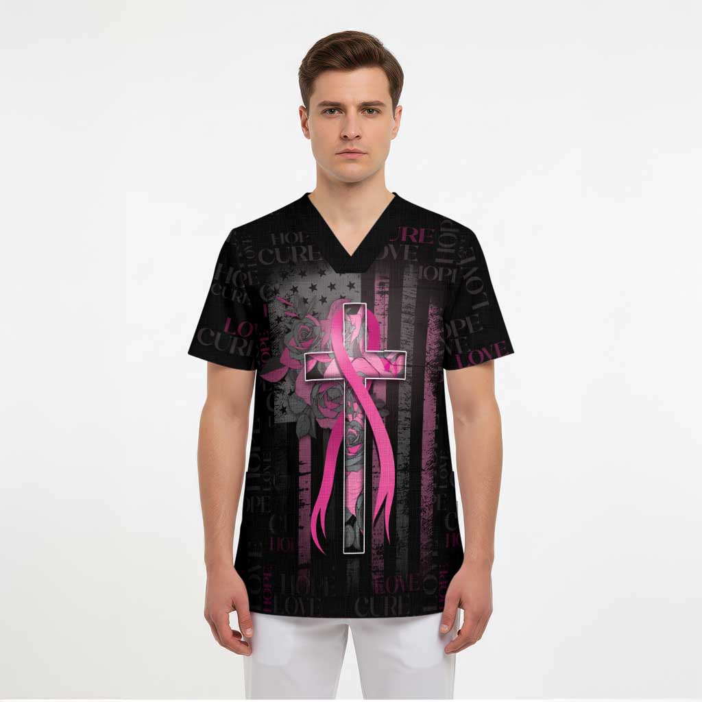 Personalized American Breast Cancer Scrub Top Hope And Cure Cross - Wonder Print Shop