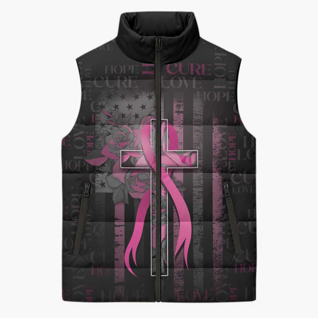 Personalized American Breast Cancer Sleeveless Puffer Jacket Hope And Cure Cross - Wonder Print Shop