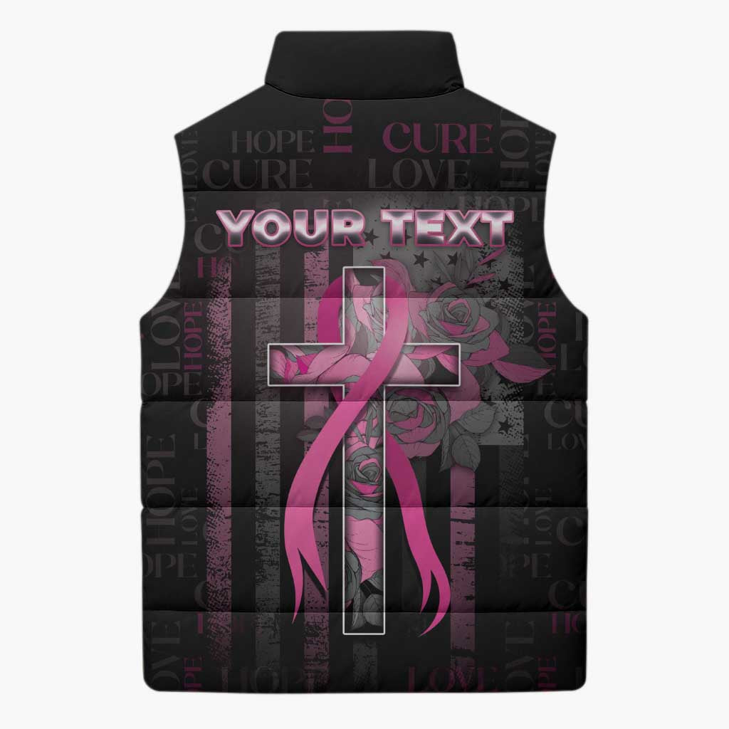 Personalized American Breast Cancer Sleeveless Puffer Jacket Hope And Cure Cross - Wonder Print Shop