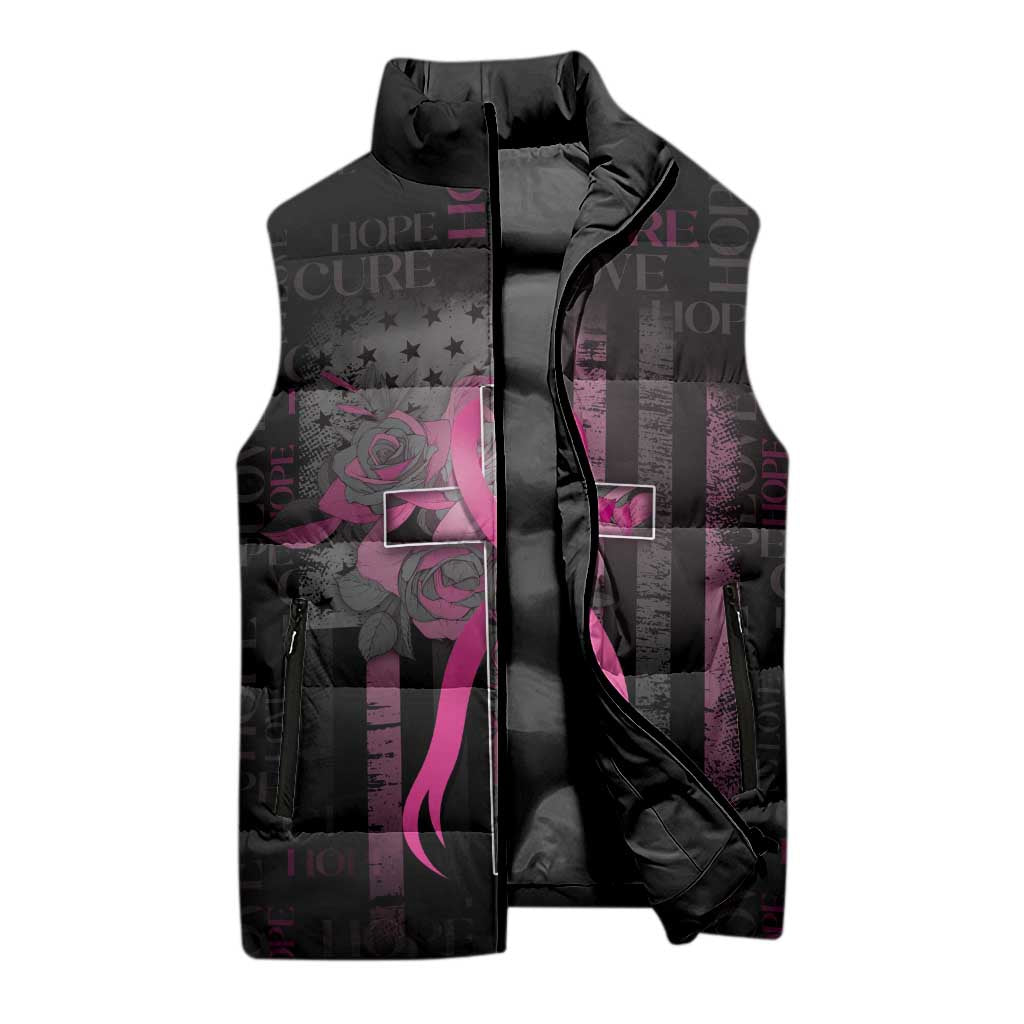 Personalized American Breast Cancer Sleeveless Puffer Jacket Hope And Cure Cross - Wonder Print Shop