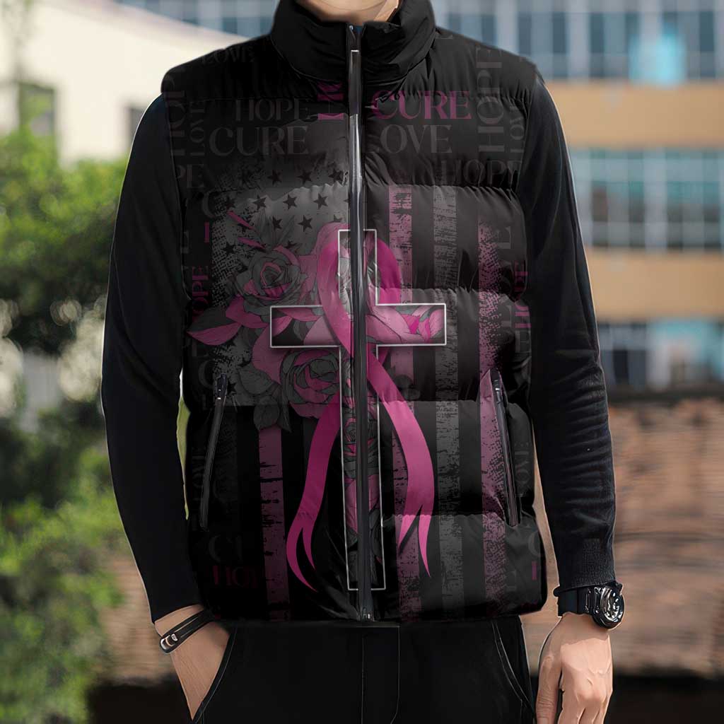 Personalized American Breast Cancer Sleeveless Puffer Jacket Hope And Cure Cross - Wonder Print Shop