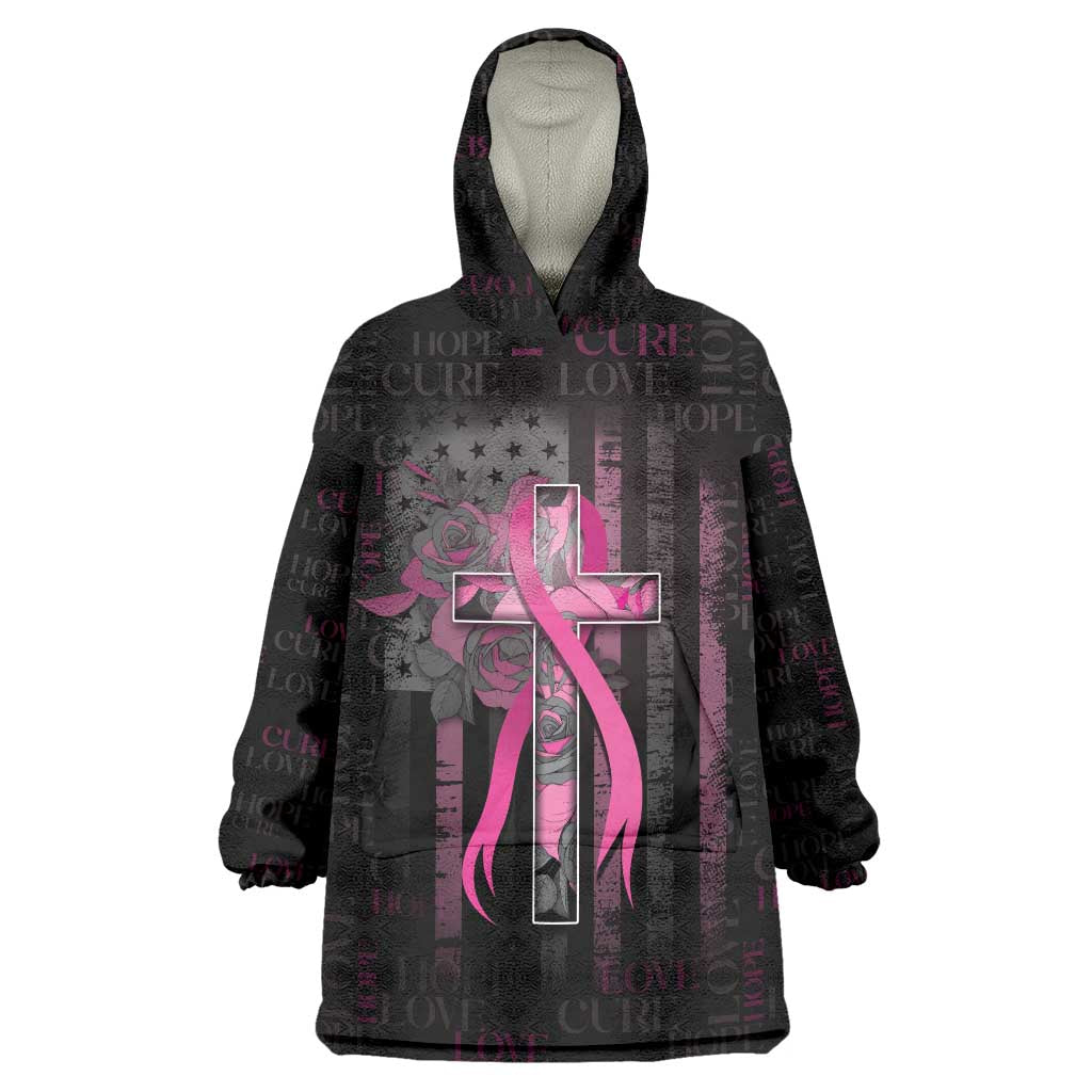 Personalized American Breast Cancer Wearable Blanket Hoodie Hope And Cure Cross - Wonder Print Shop
