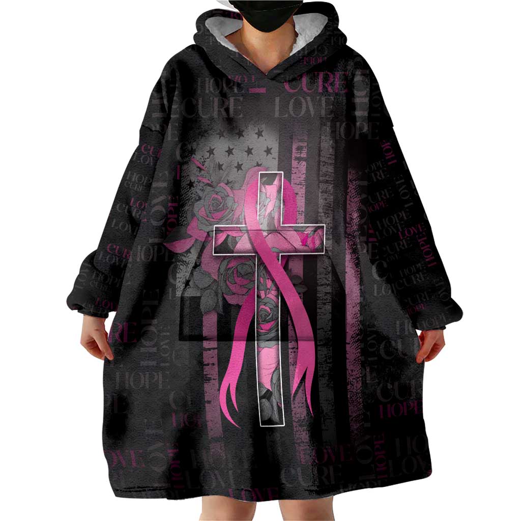 Personalized American Breast Cancer Wearable Blanket Hoodie Hope And Cure Cross - Wonder Print Shop