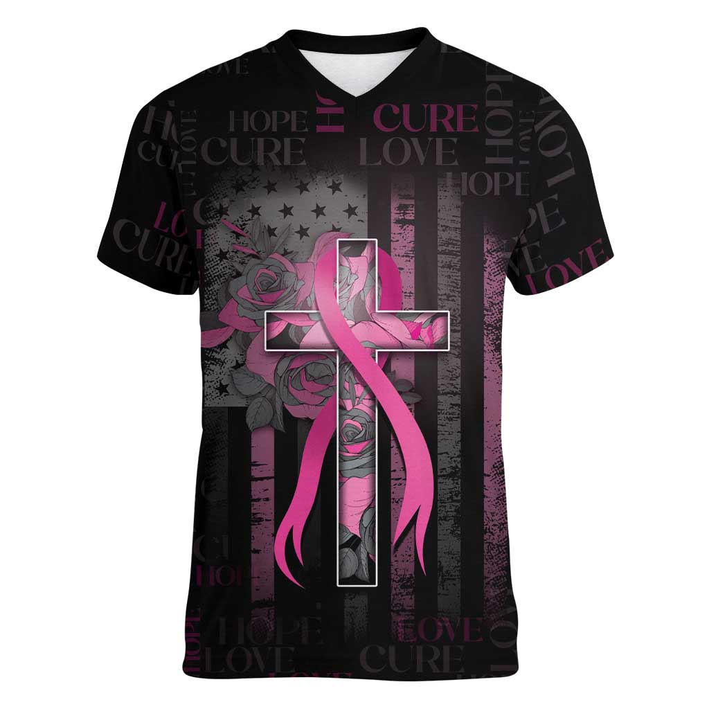 Personalized American Breast Cancer Women V-Neck T-Shirt Hope And Cure Cross - Wonder Print Shop