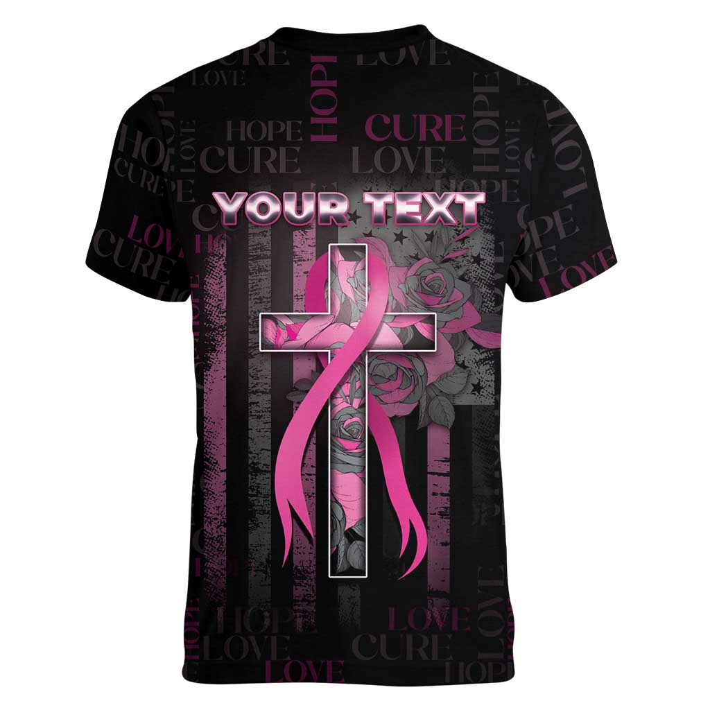 Personalized American Breast Cancer Women V-Neck T-Shirt Hope And Cure Cross - Wonder Print Shop