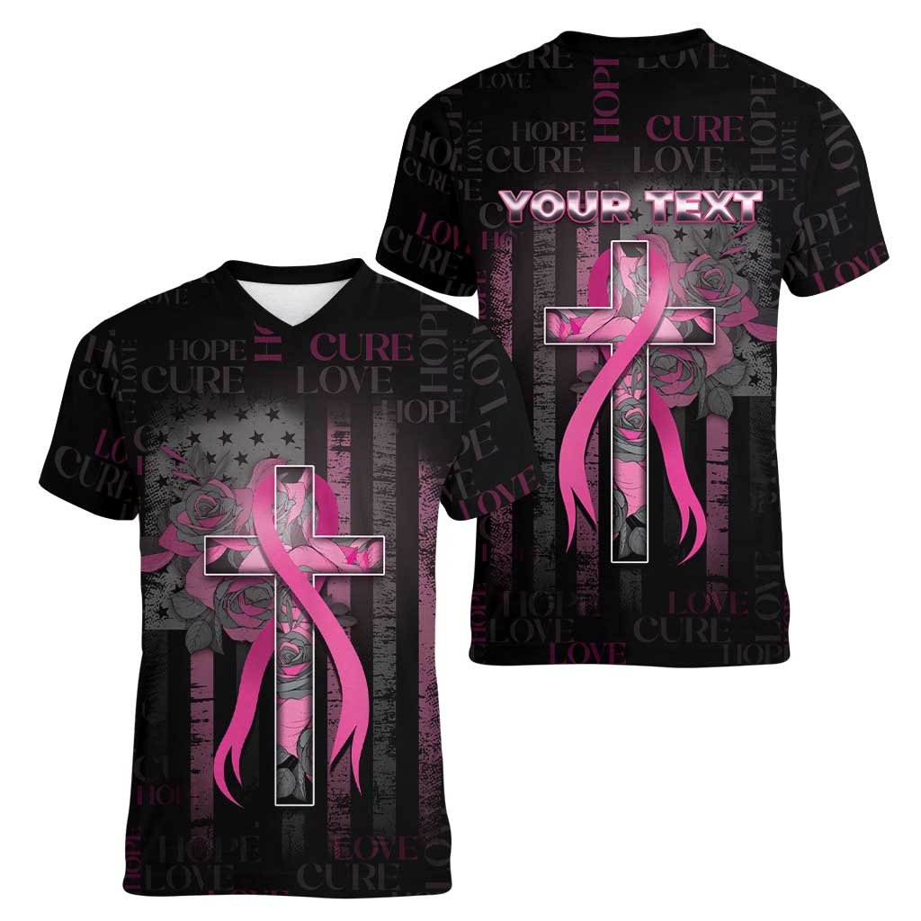 Personalized American Breast Cancer Women V-Neck T-Shirt Hope And Cure Cross - Wonder Print Shop