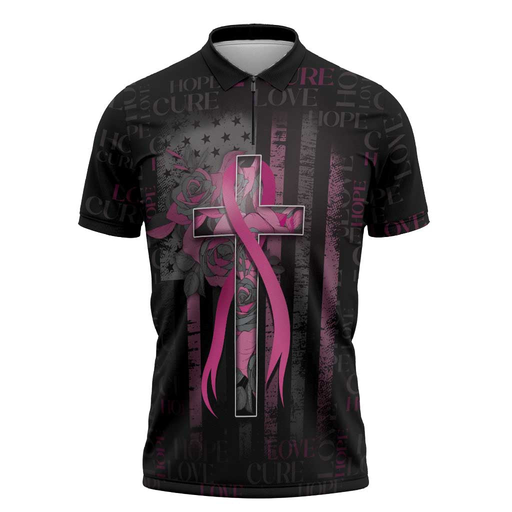 Personalized American Breast Cancer Zipper Polo Shirt Hope And Cure Cross - Wonder Print Shop