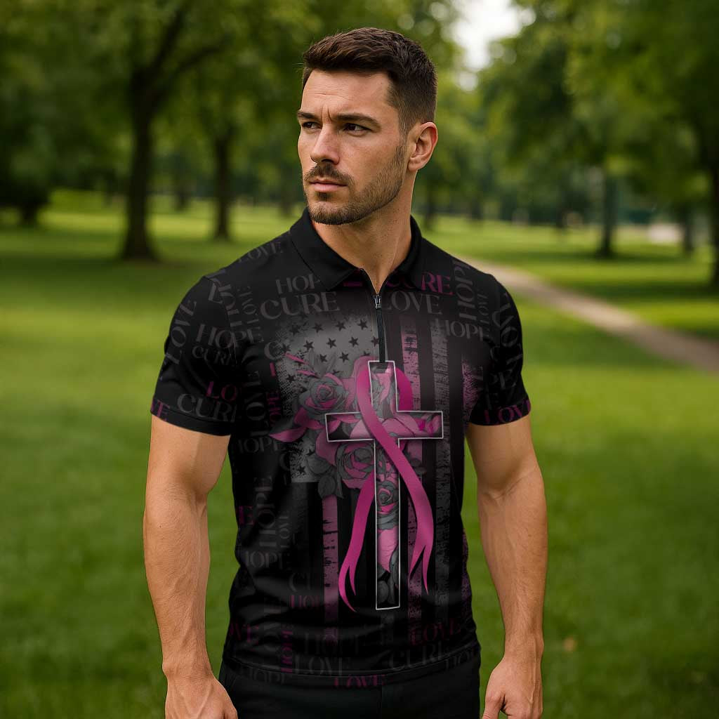 Personalized American Breast Cancer Zipper Polo Shirt Hope And Cure Cross - Wonder Print Shop