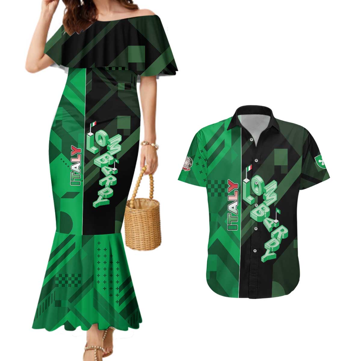 Personalized Italy Lombardy Couples Matching Mermaid Dress and Hawaiian Shirt Isometric Style - Wonder Print Shop