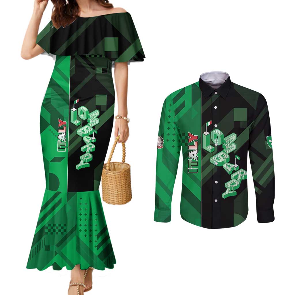 Personalized Italy Lombardy Couples Matching Mermaid Dress and Long Sleeve Button Shirt Isometric Style - Wonder Print Shop