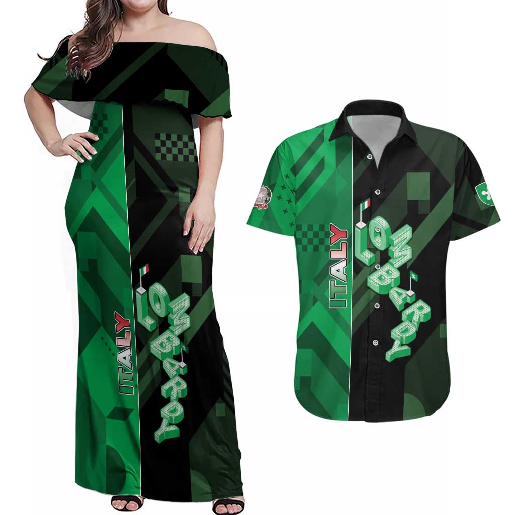 Personalized Italy Lombardy Couples Matching Off Shoulder Maxi Dress and Hawaiian Shirt Isometric Style - Wonder Print Shop