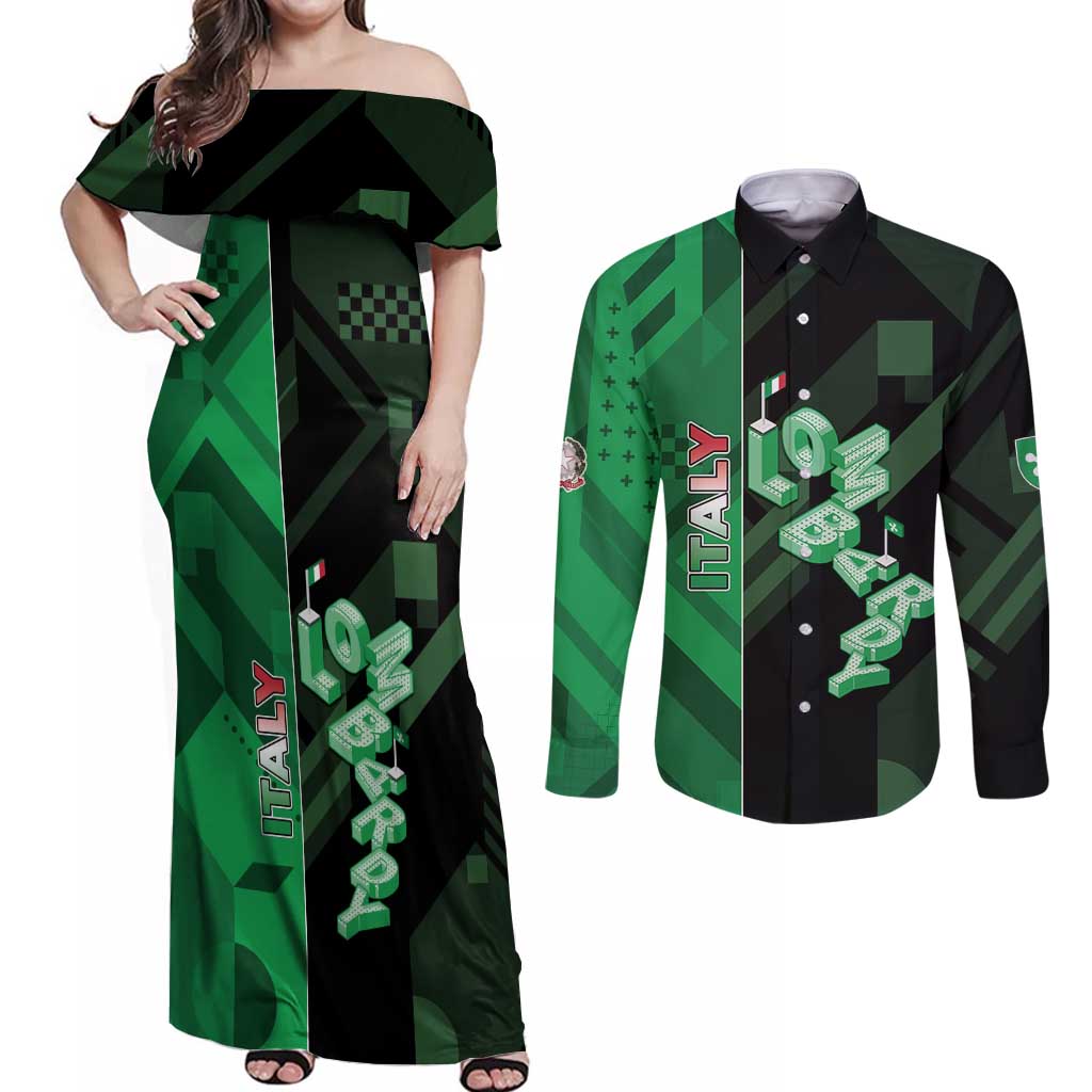 Personalized Italy Lombardy Couples Matching Off Shoulder Maxi Dress and Long Sleeve Button Shirt Isometric Style - Wonder Print Shop