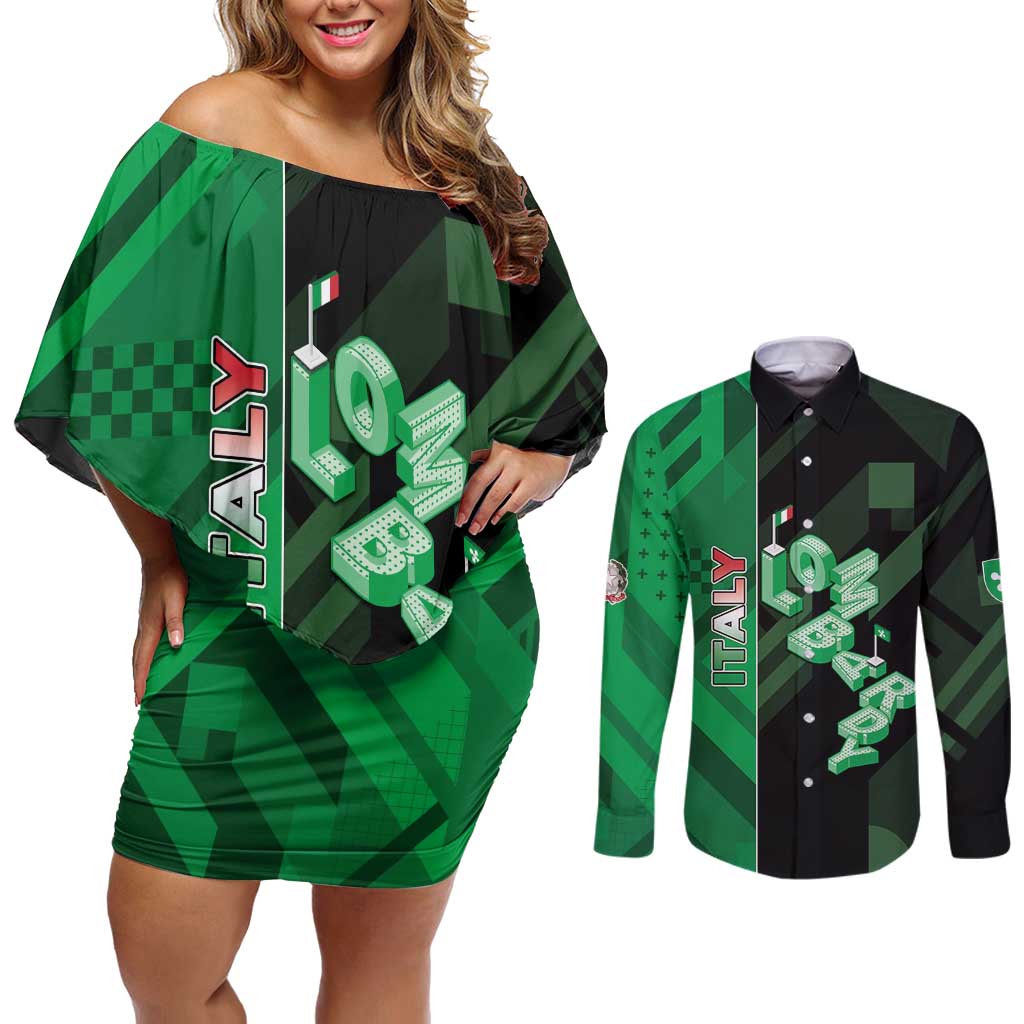 Personalized Italy Lombardy Couples Matching Off Shoulder Short Dress and Long Sleeve Button Shirt Isometric Style - Wonder Print Shop