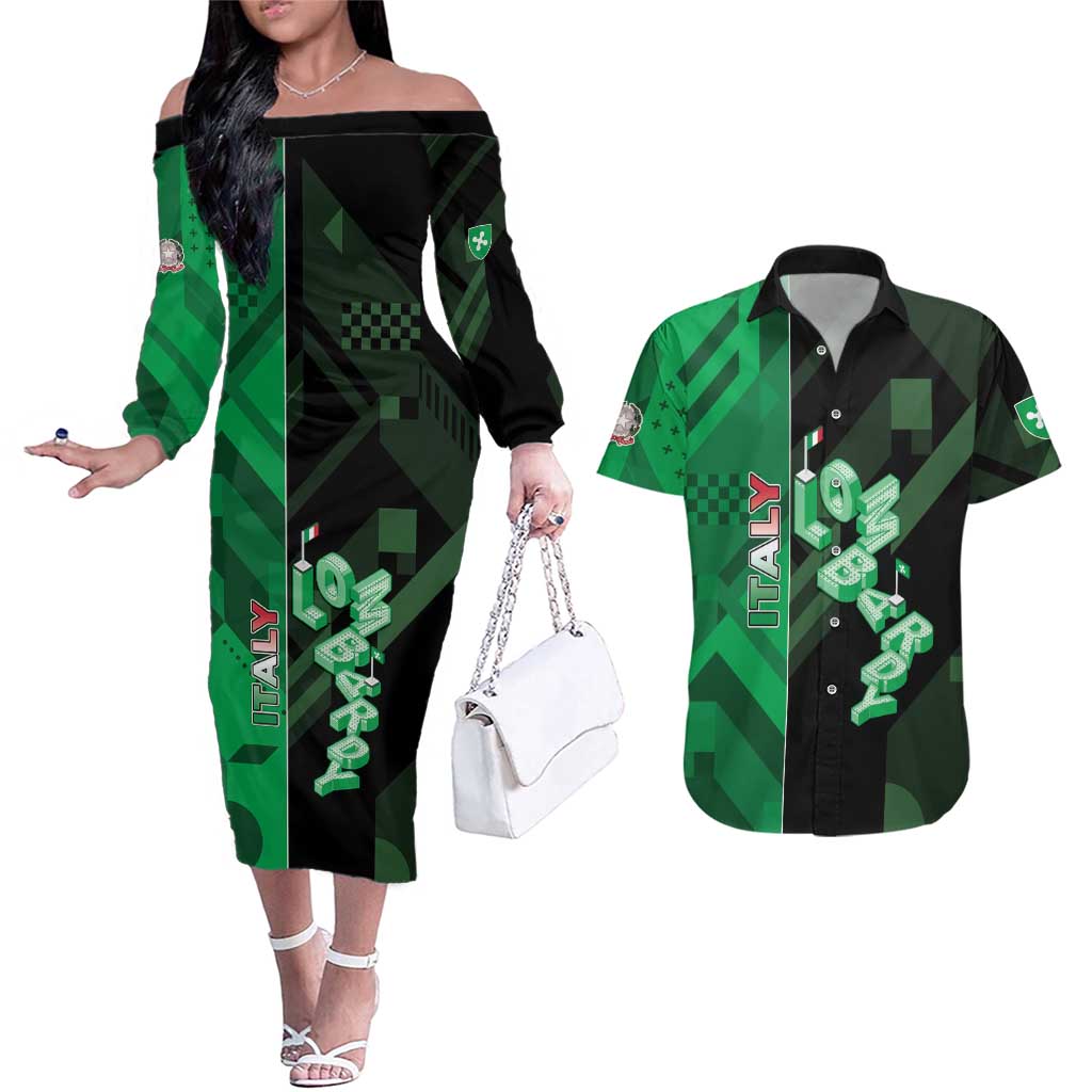 Personalized Italy Lombardy Couples Matching Off The Shoulder Long Sleeve Dress and Hawaiian Shirt Isometric Style - Wonder Print Shop