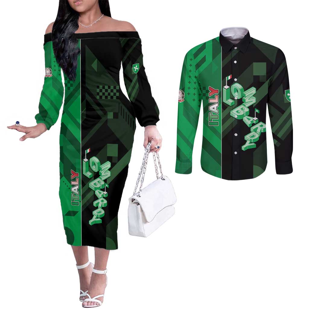 Personalized Italy Lombardy Couples Matching Off The Shoulder Long Sleeve Dress and Long Sleeve Button Shirt Isometric Style - Wonder Print Shop