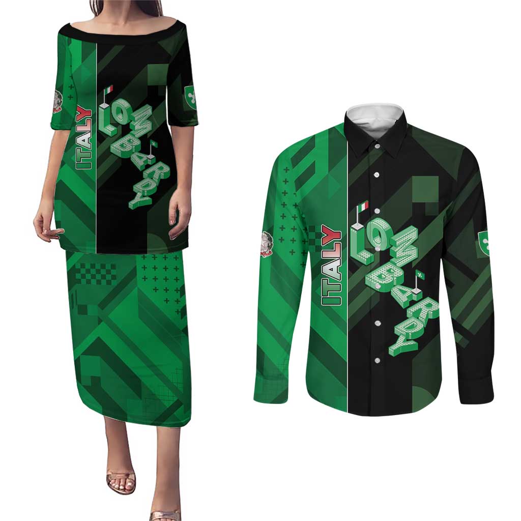 Personalized Italy Lombardy Couples Matching Puletasi and Long Sleeve Button Shirt Isometric Style - Wonder Print Shop