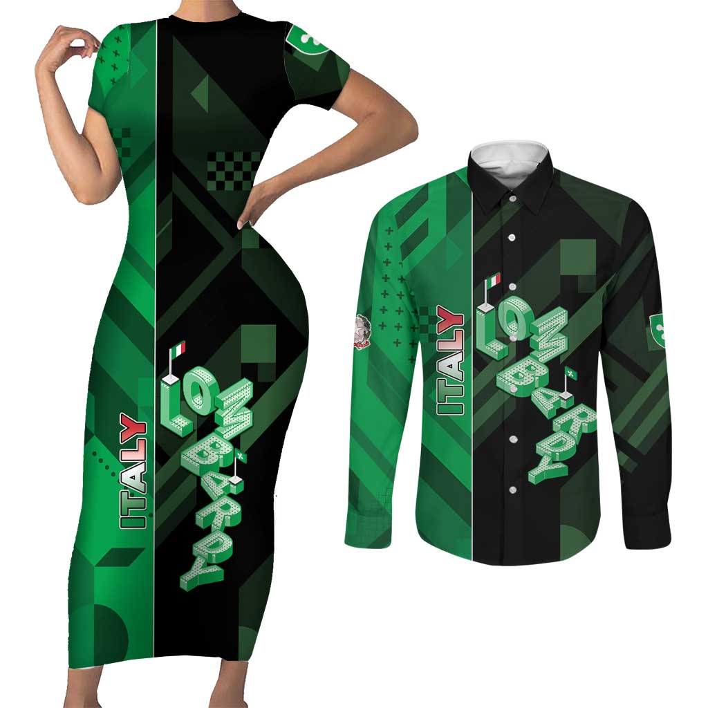 Personalized Italy Lombardy Couples Matching Short Sleeve Bodycon Dress and Long Sleeve Button Shirt Isometric Style - Wonder Print Shop